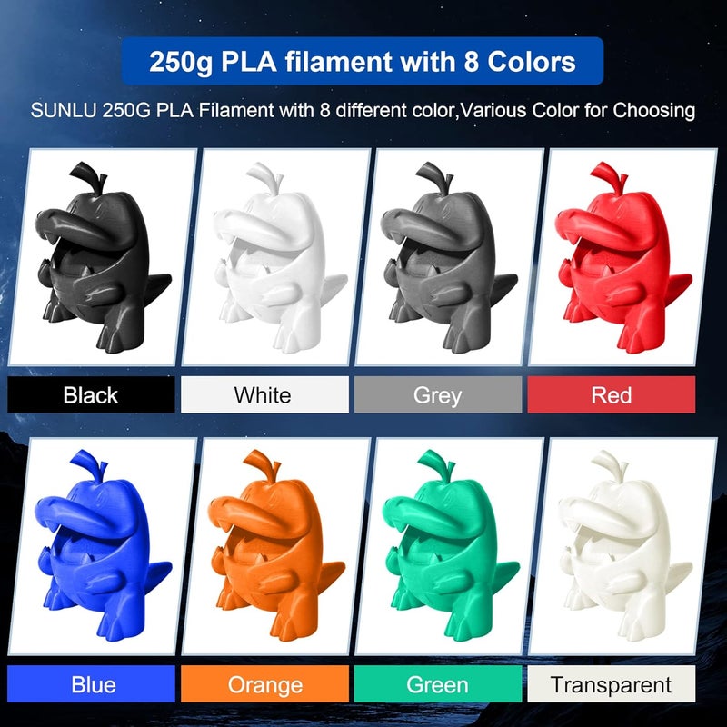 Sunlu 250g PLA Filament 1.75mm Bundle,3D Printer Filament Bundle Multicolor, Neatly Wound PLA Filament, Individually Vacuum Packed,250g Spool,8 Rolls,Black+White+Grey+Transparent+Red+Blue+Orange+Green - Image 2